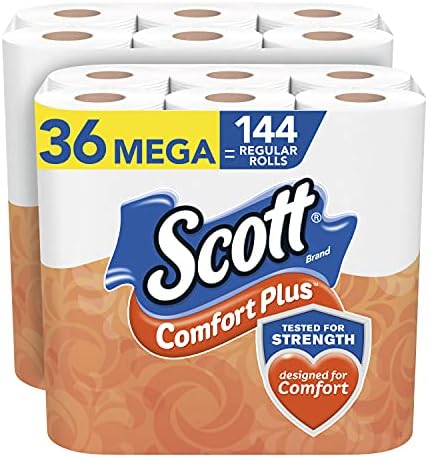 Scott Comfortplus Papel higiênico, 36 mega rolos, 425 folhas por rolo, segurança séptica e papel higiênico de 1 ply