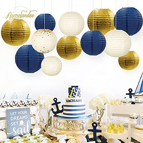 Nicrolandee Party Decorações - 12pcs marinho de ouro azul -ouro pendurado lanternas de papel para decoração de graduação,