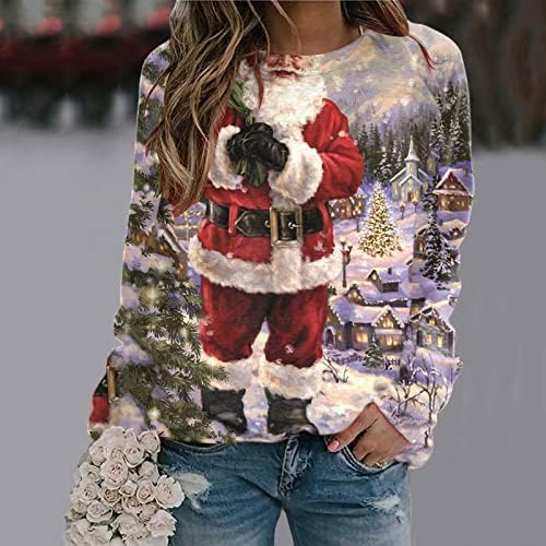 Moda feminina Feliz Natal Impressão o pescoço Sorto redondo de pescoço FIT PULLOVER TOPS CASUAL LONGO FATHA MAIS TAMANHO PLUS