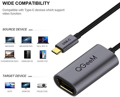 Adaptador USB C para DisplayPort, QGEEM 4K@60HZ Thunderbolt 3 para exibir cabo compatível com MacBook Pro 2019/2018, iPad