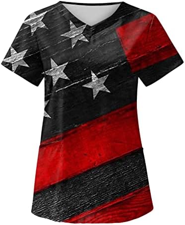 4 de julho Camisas para mulheres American Flag Summer Summer Manga curta Camisetas em V com 2 bolsos