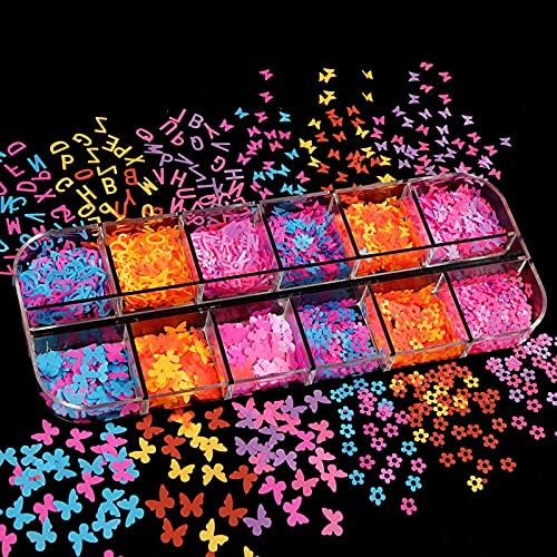 Primavera 12 Grid em caixa mista colorida fluorescente lantejoulas de unhas Diy Jóias de unhas Decoração de unhas de unhas Unhas