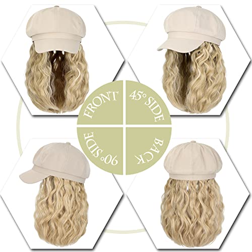 Qlenkay Newsboy Cap com extensões de cabelo Bob Curlo Curly Wavy Wig Hig 8 Painel Visor Boina anexada Synthetic 14 ''