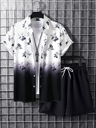 Roupas de duas peças para homens ombre ombre floral camisa e shorts de cintura de cordão sem tee