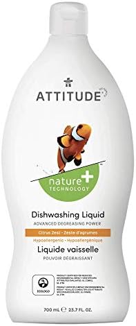 Detergente de pratos de atitude, baseado em plantas, hipoalergênico, eco-amigável e cítrico, 23,7 fl oz