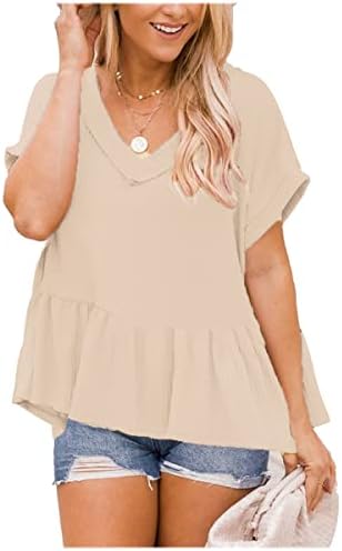 NXXYEEL MULHERES Camisas de manga curta V Mangas de pescoço Tshirts Summer Summer Waffle sólido casual Peplum Flowy Babydoll