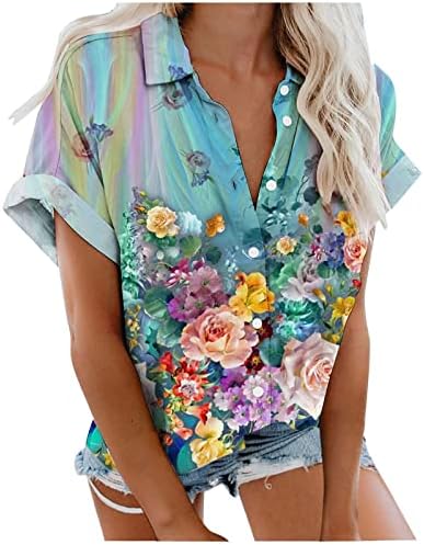 PBNBP Blouses Floral para mulheres Impresso Camisetas soltas de verão Button Down Lapela saindo de manga curta Túdos de