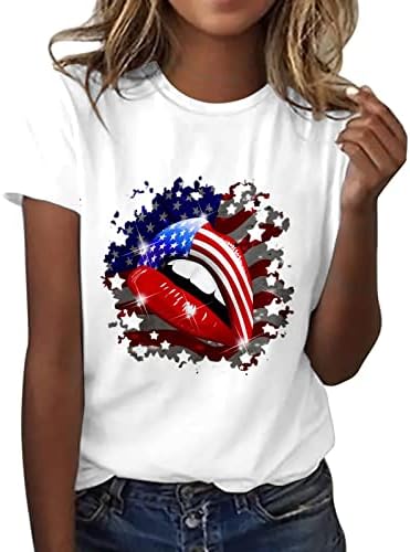 Camisetas Mulheres confortáveis ​​do Dia da Independência Casual da Independência Impressão de Manga Curta O Necue Tampe Top Womens