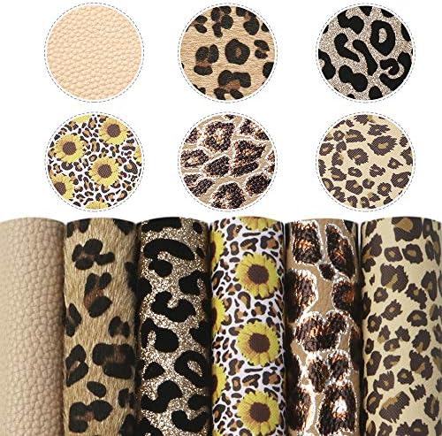 David Angie Leopard Sunflower Impresso Faux Leather Sheets Misturadas Folhas de Couro Misturadas Redunadas 6pcs 7,7 X 12,9