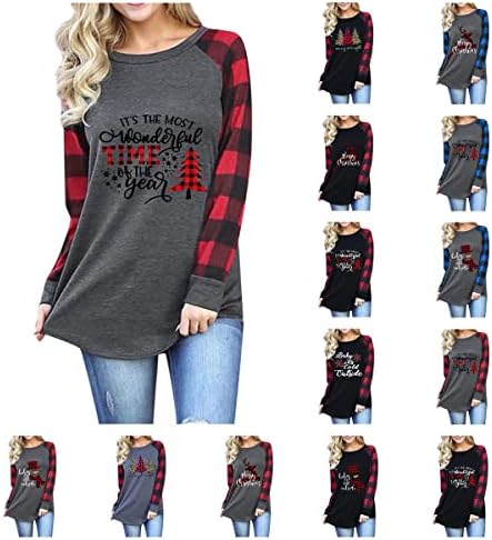Camisas de Natal para Mulheres Fall Fashion 2022 Xmas Buffalo Plaid Raglan Baseball Musas de manga comprida Tops de camiseta