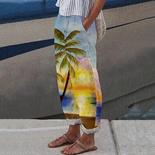 Calças de linho de algodão Womens Summer Summer Casual Capri -Pants com bolsos Alta cintura calça de praia confortável