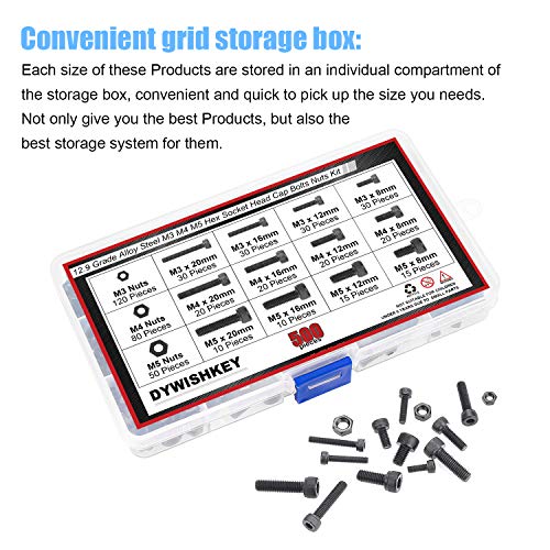 Dywishkey 500 peças m3 m4 m5, 12,9 grau de liga de liga de aço hexágo