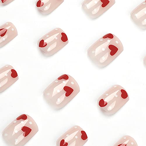 Coração presa nas unhas Valentine Fake unhas com pontos brancos quadrados de curta