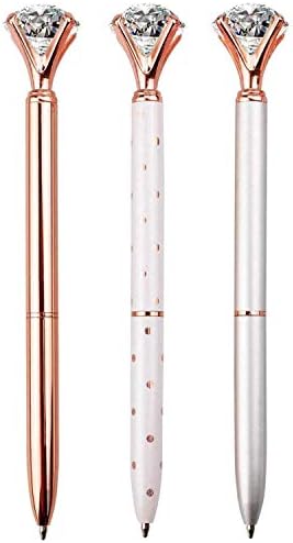 LONGKEY 3PCS GRANDE CRISTAL Diamond Bling Bling Metal Ballpo Pen Office and School, Silver / White Rose Polka Dot / Rose Gold,