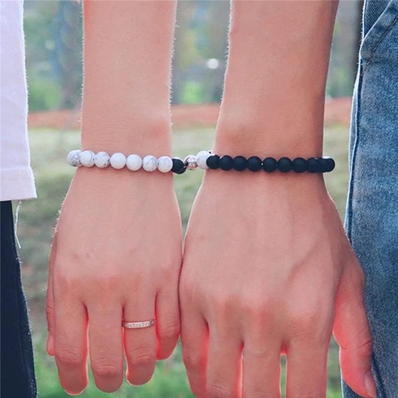 Wllay 2 PCs Distância Relacionamento Bracelets brancos Bracelete uivada Lava Pedra Breads Breads Bracelet Magnetic