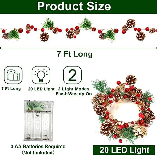 Garland de Natal Prec] Garland com luzes, Garland de Pinecone de 7 pés de Xmas com 20 LED 30 Berry vermelha 25 Pinecone