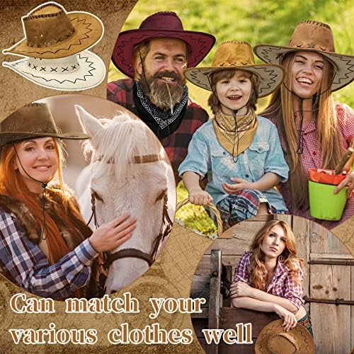 24 PCs Chapéus de cowboy ocidentais com bandanas de poliéster, chapéu de couro de camurça de cowboy ocidental e lenço quadrado de bandanas