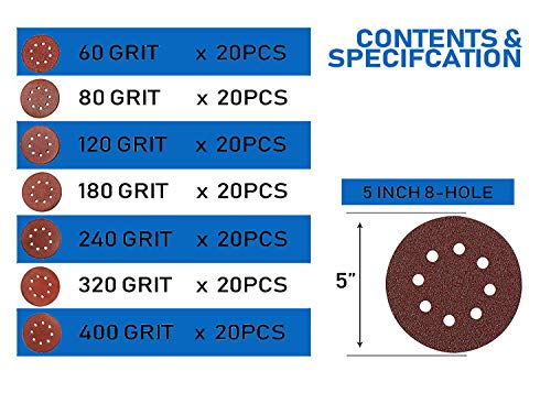 Union Pads & Abrasives SD140 140 PCs 5 polegadas 8 Hole Gancho e Loop Adesivo Lixagem Lixa para Larda Orbital Random 60/80/120/180/240/320/400