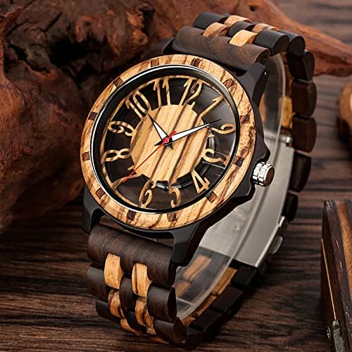 Realpoo Wooden Watches Mens Ebony Zebra Wooden Quartz Men's Watch, Relógios de madeira com cinta de madeira dobráveis ​​para