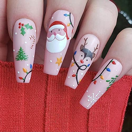 Quadrado Longo Falso Unhas Snowflake Pressione Unhas Longas Nails de Natal para Mulheres Papai Noel Acrílico Falso unhas de Natal