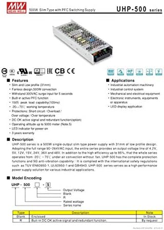 Meanwell UHP-500R-15 15V 33.4A 501W Tipo Slim com suprimento de comutação PFC de LED