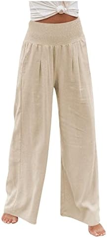 Calças Iaqnaocc para mulheres, calças de linho de algodão confortável com a cintura alta da perna larga com bolsos