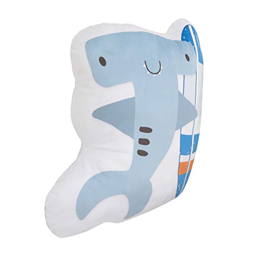 Tudo o que crianças pequenas aventuras de cara azul e branco tubarão com travesseiro decorativo de prancha de surf, azul, laranja, branco