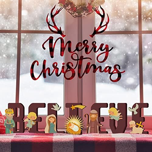 Espiareal 15 letras conjunto de natividade Joy acredite que a paz natividade cenas de mesa de 3,94 polegadas Jesus Christmas Wood