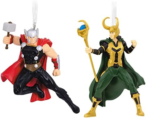 Hallmark Marvel Loki e Thor com enfeites de Natal Mjolnir, conjunto de 2