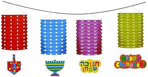 Garland de lanterna de papel chanukah - 4 lanternas de papel, 4 cartões decorativos - 12 pés de comprimento - decorações