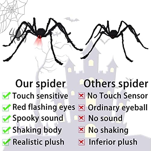 Decorações de Halloween ao ar livre de 49 ”de aranha grande com olhos LEDs Spooky Sound, Spider gigante de 16 pés