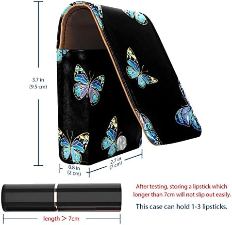 Mini maquiagem de Oryuekan com espelho, bolsa de embreagem de couro de couro, azul vintage da borboleta