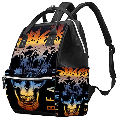 Arte criativa Coconut Tree Skull Design fralda Bags Backpack Mummy Backpack de grande capacidade Bolsa de enfermagem de enfermagem para cuidados com o bebê