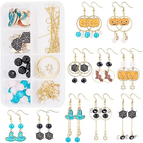 Sunnyclue 1 Box Diy 8 pares Balloween Earring com o Halloween Freating Fazendo Kits Halloween Charms Bat Hat Magic Spider Pumpkin