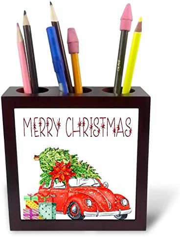 Carro vermelho de Feliz Natal com uma árvore de Natal e presentes - titulares de canetas de ladrilhos