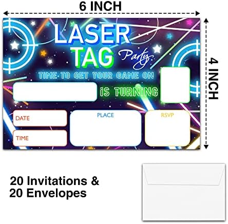 YSTEP Laser Tag Party Party Invitations, 20 Convidar cartões com envelopes, 4 x6 convites de aniversário de neon - A24