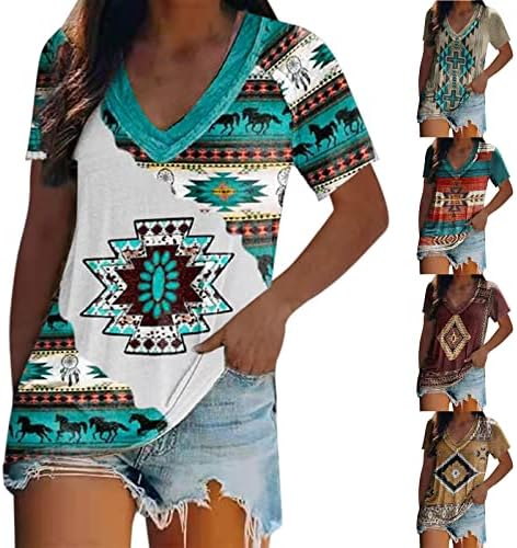 BEUU Women Women Ethnic Style Padrão Impresso V Camisetas de pescoço