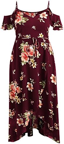 Vestido casual feminino Plus Tamanho Floral Spaghetti Strap v pescoço ombro frio Manga curta Um vestido de noite maxi de linha