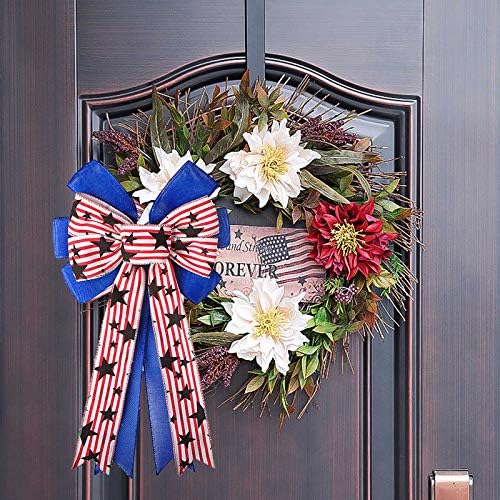 Creaides American Independence Day Stars Red White Blue Wreath Bow 4 de julho Ornamentos de arco do topo da árvore