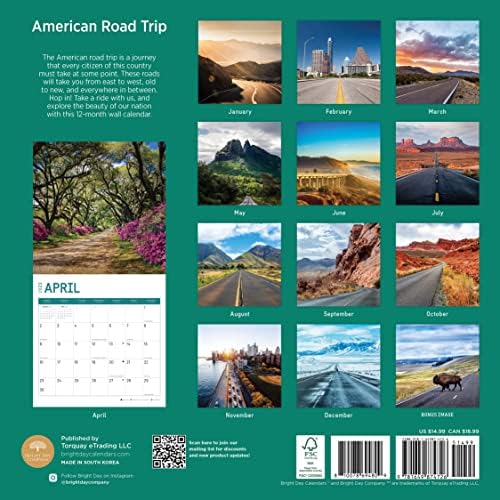 2023 American Road Trip Wall Calendário por dia brilhante, 12x12 polegadas