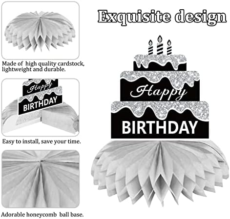 8pcs Black White Silver Birthday Decorações de favo de mel centrais para homens, Black White Happy Birthday Tabel Centerpieces