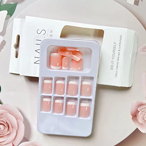 24 PCs French Tip Press Pressione Unhas Quadrado Pink Squage Unhas falsas cola brilhante em unhas Punto de tampa completa em unhas