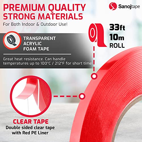 Sanojtape fita dupla face pesada 0,35 ”x 33 pés. Fita de montagem clara forte adesivo forte, resistente à água, ideal