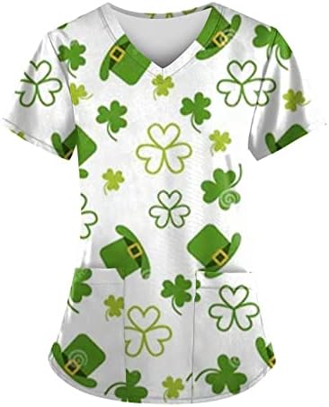 Camisa de impressão de trevo de St Patrick para mulheres v pescoço de manga curta casual blusa de trabalho solta com bolsos
