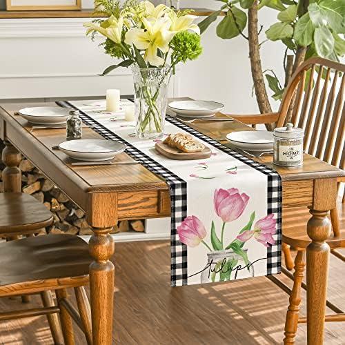 Modo Artóide Buffalo Plaid Vase Tulip Summer Table Runner, decoração sazonal de mesa de jantar de cozinha de primavera