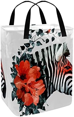 Zebra em aquarela com cesto de lavanderia dobrável com estampa floral vermelha, cestas de lavanderia à prova d'água de 60l de lavagem
