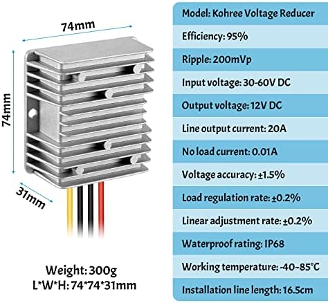 Regulador de conversor Kohree DC/DC Redutor de 48V para baixo para DC 12V 20A 240W Carrinho de golfe Carrinho de