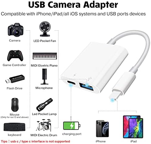 Adaptador de câmera USB Suntrsi, Adaptador OTG feminino USB compatível com iPhone iPad, adaptador USB portátil para iPhone com porta de carregamento, sem aplicação, plug and play