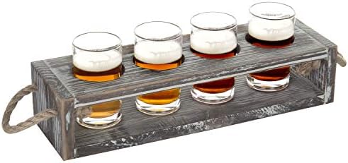 Mygift Craft Beer Glass Sampler com bandeja de madeira incêndica e alças decorativas de corda incluem 4 copo de cerveja