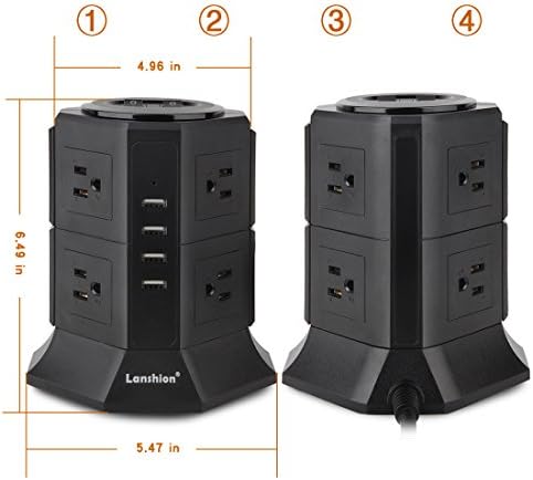 LANSHION 8 Surge Protector Power Strip com 4 portas de carregamento USB Estação de carregamento USB 1875W com um cabo de alimentação